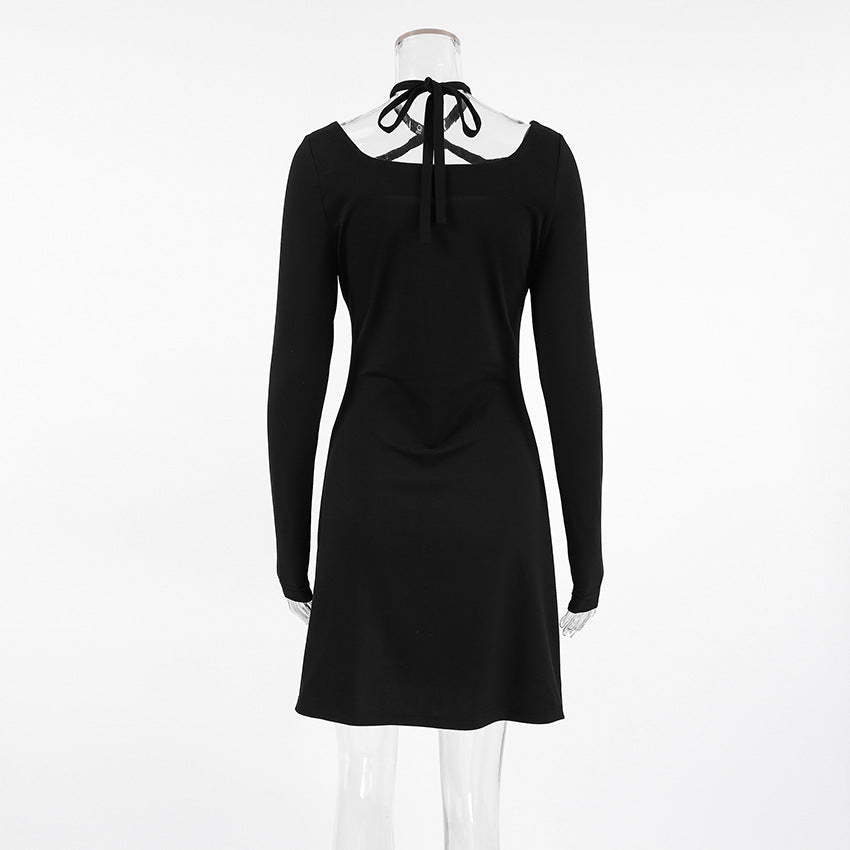 Chic Black Knitted Long Sleeve Mini Dress with Square Neckline and Lace Up Detail