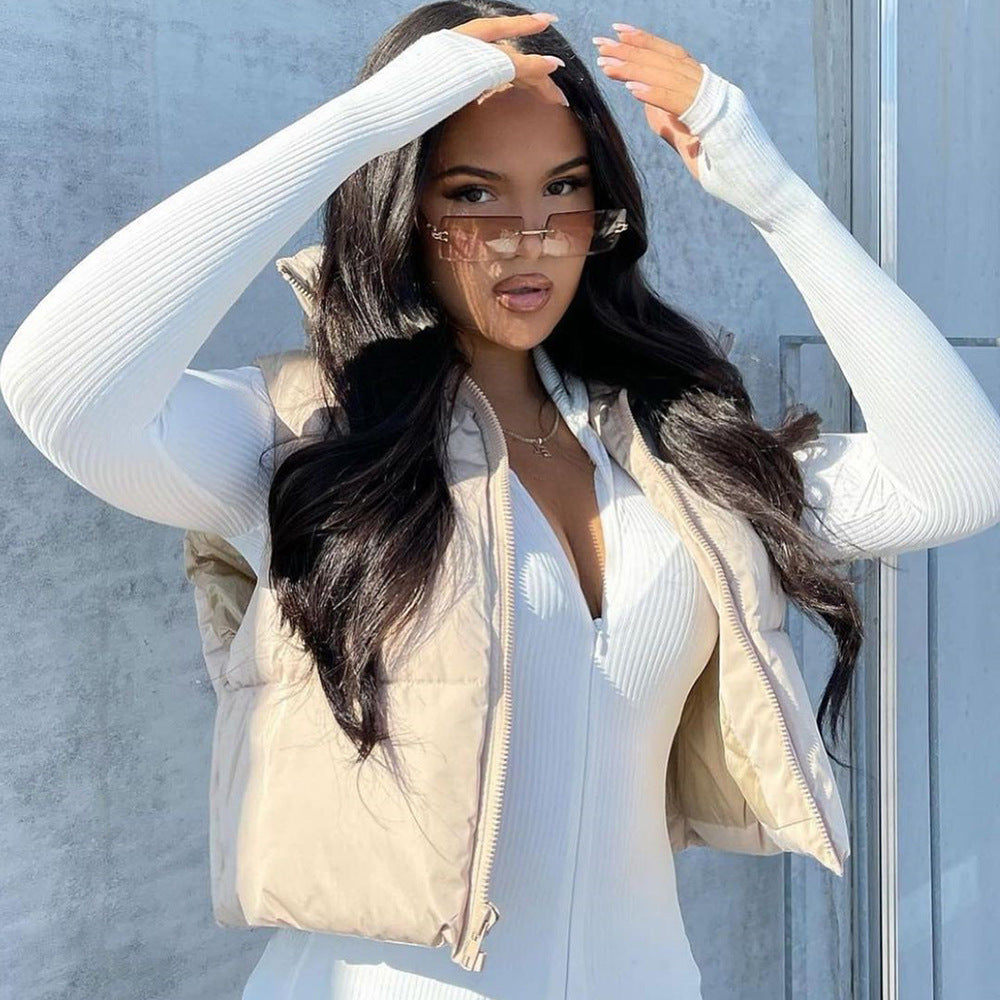 Chic Stand Up Collar Cropped Puffer Vest Warm Street Style Jacket