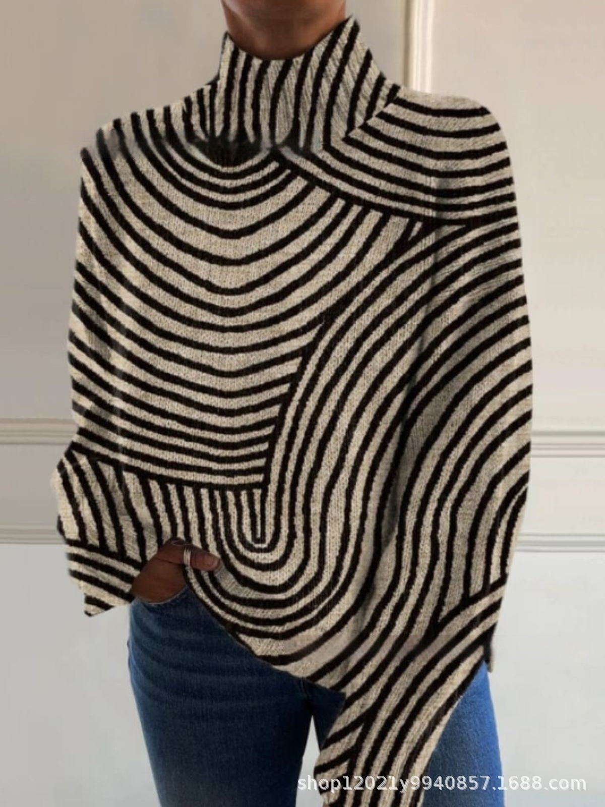 Stylish Geometric Pattern Long Sleeve Knitted Turtleneck Sweater