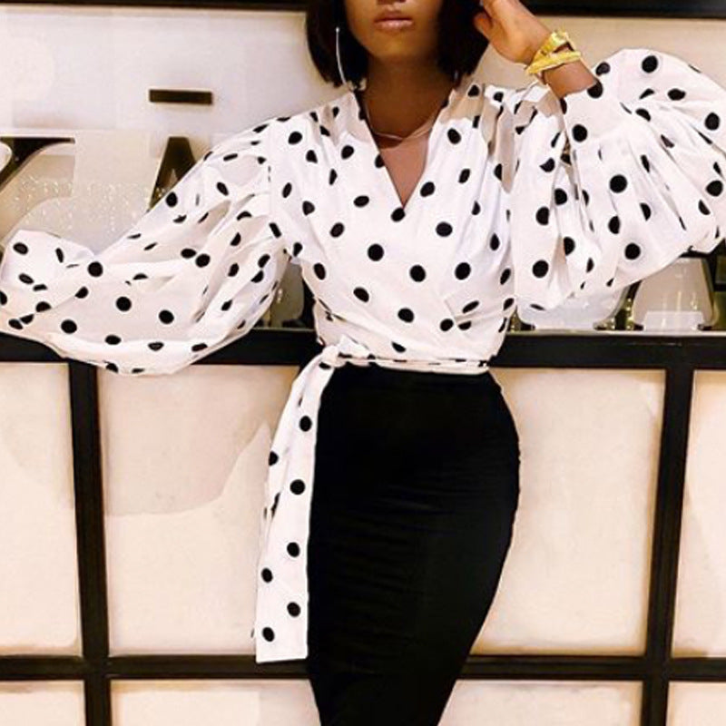 Chic Polka Dot Wrap Blouse with Puff Sleeves - Women's Long Sleeve Top