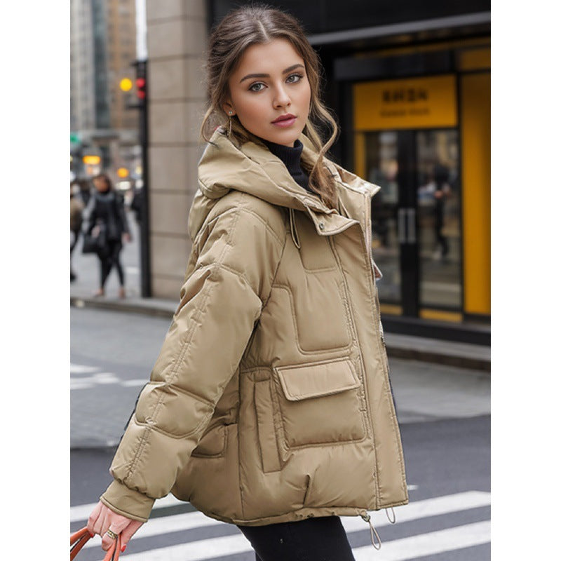 Fashionable Short Hooded Puffer Jacket Warm Multi-pocket Winter Essential