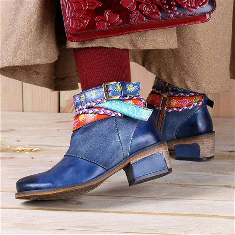 Bohemian Leather Ankle Boots with Floral Art
