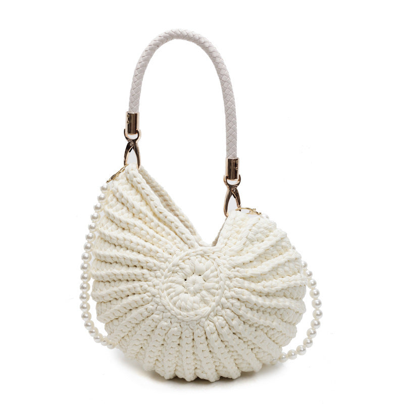Handmade Woven Shell Handbag with Pearl Strap Unique Crochet Shoulder Bag