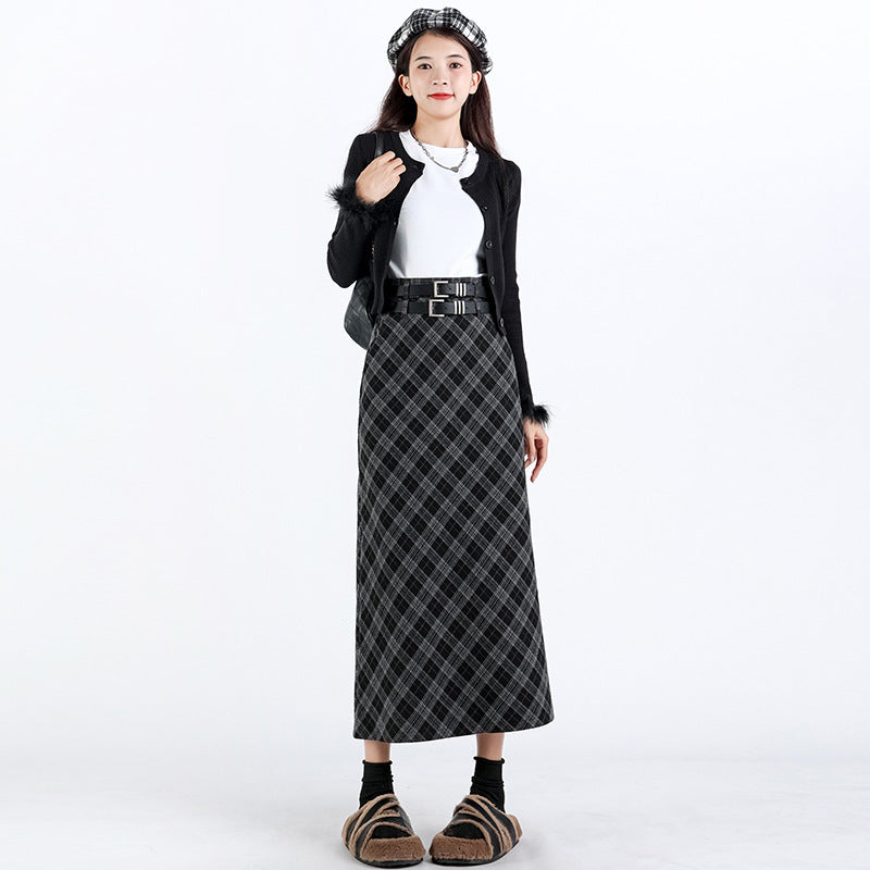 High Waist Plaid Split A Line Midi Skirt College Style