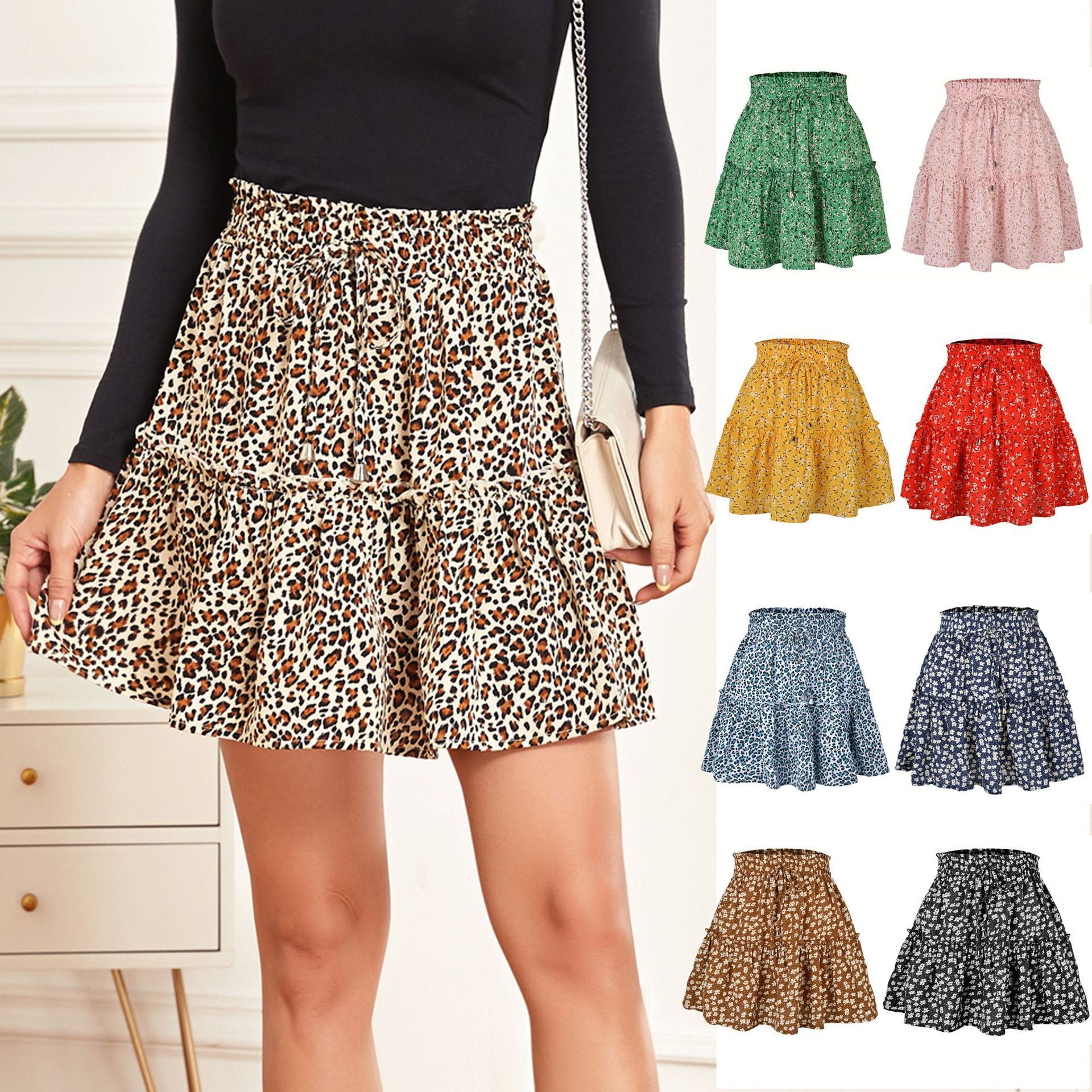 High Waist Floral Print Ruffle Hem A-Line Mini Skirt for Summer