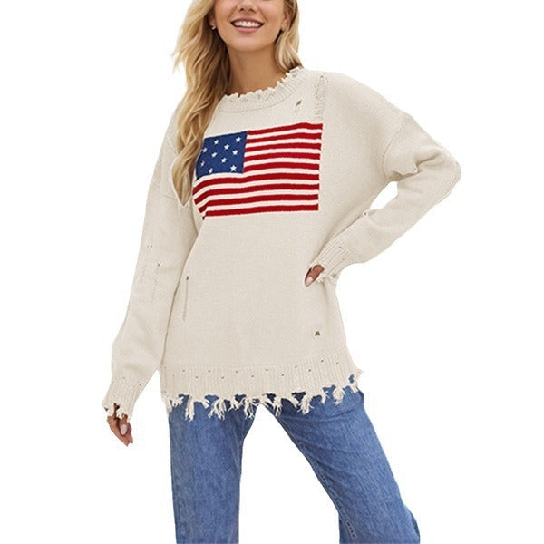 Loose Fit Distressed American Flag Knit Pullover Sweater