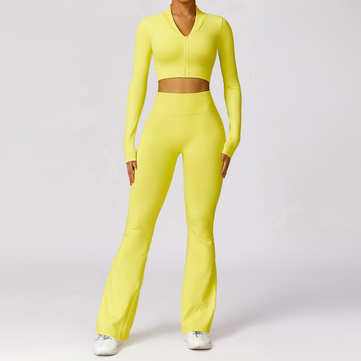 Seamless Ribbed Long Sleeve Crop Top and Flare Leggings Activewear Set