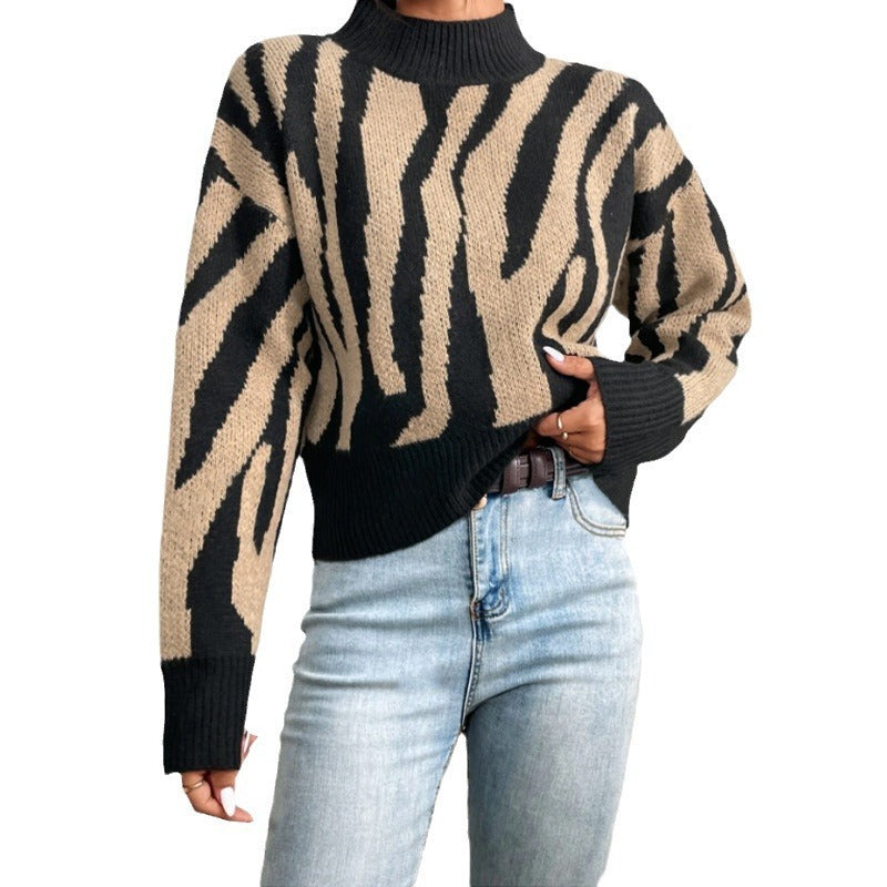 Stylish Jacquard Knit Animal Print Loose Fit Pullover Sweater