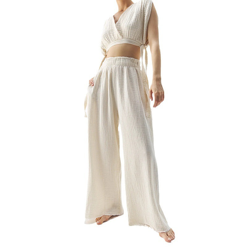 Effortlessly Chic Double Layer Cotton Gauze Relaxed Wide Leg Pants for Women