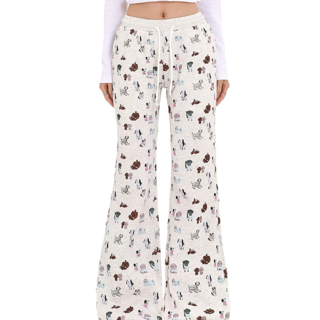 Cozy Elastic Waist Printed Cotton Sweatpants with Dog Print