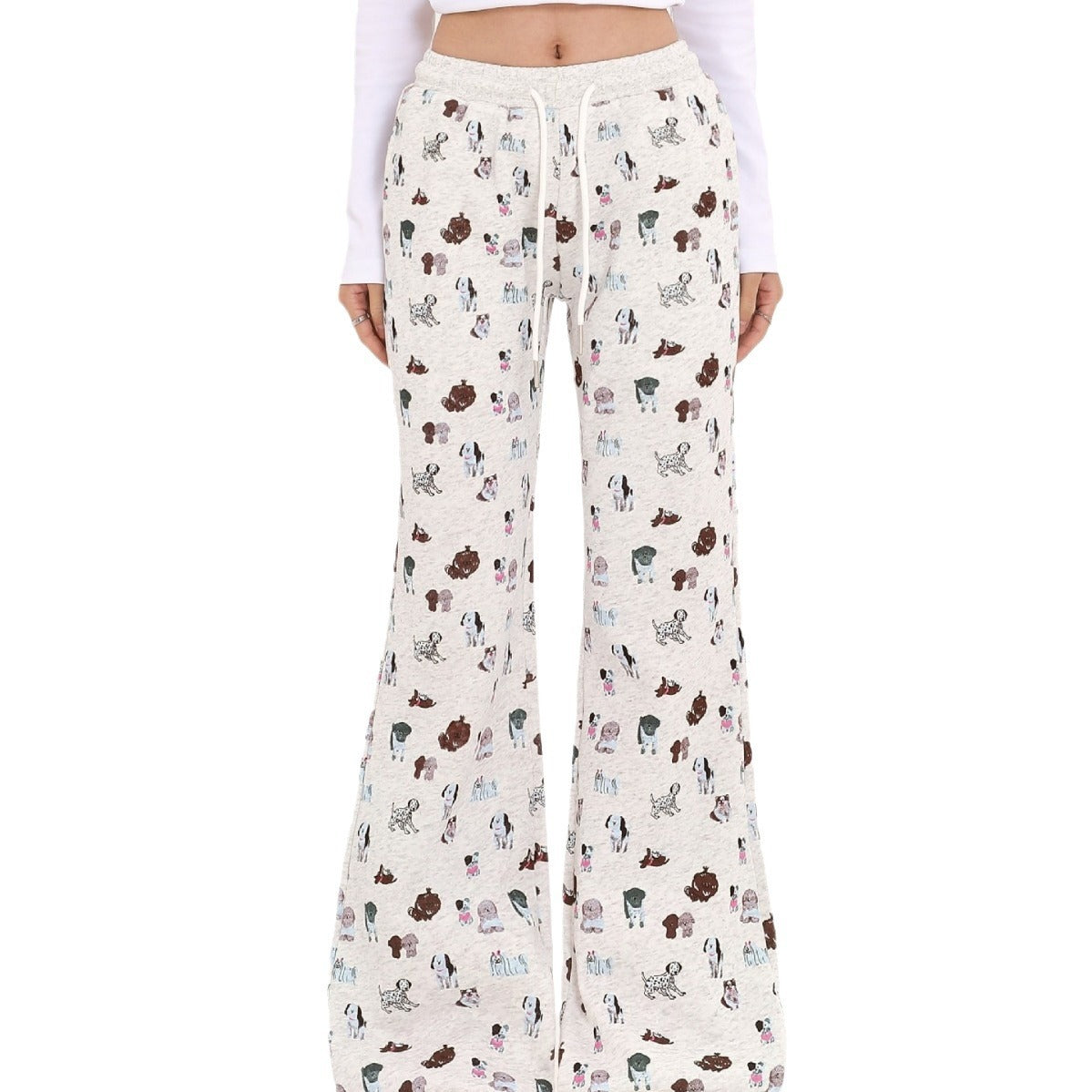 Cozy Elastic Waist Printed Cotton Sweatpants with Dog Print