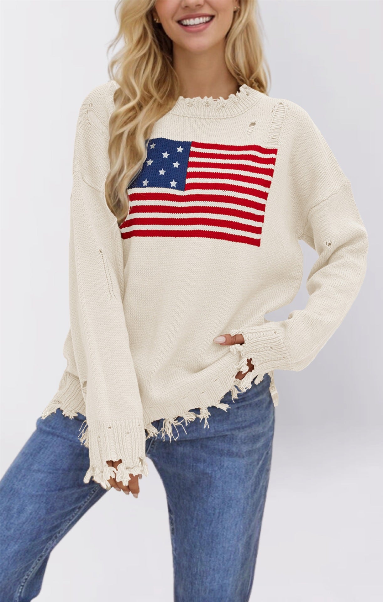 Loose Fit Distressed American Flag Knit Pullover Sweater