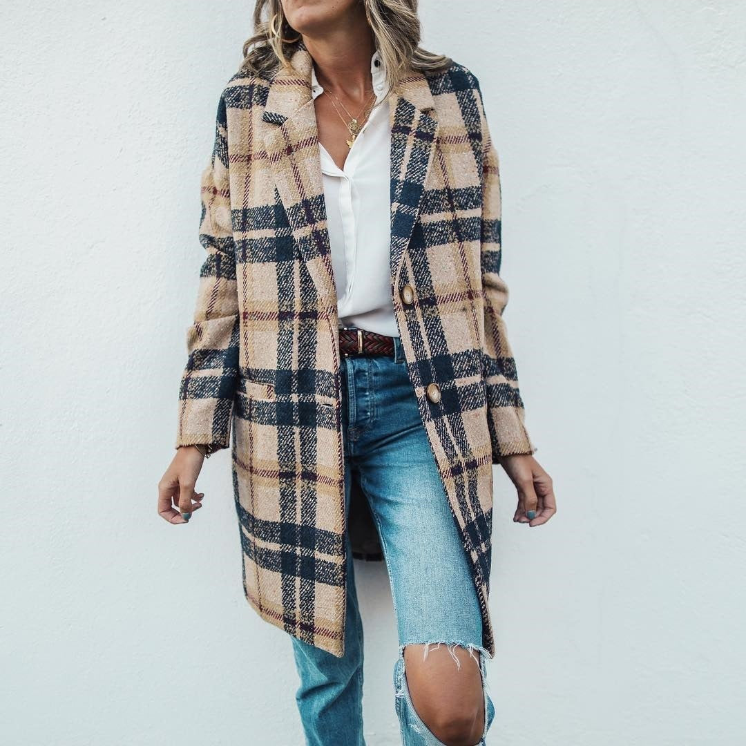 Chic Women's Plaid Long Coat - Loose Fit Checkered Outerwear