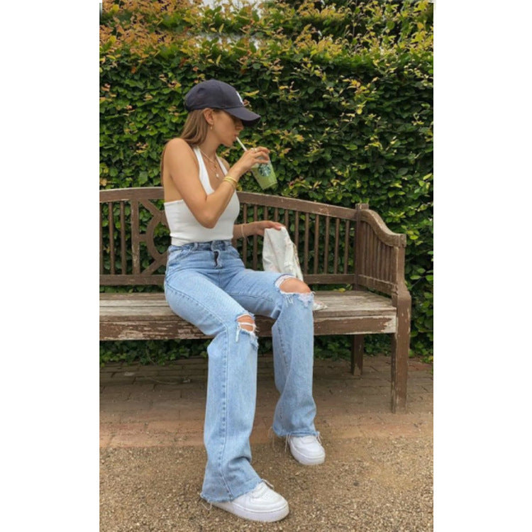 High Waist Ripped Wide Leg Light Wash Denim Jeans