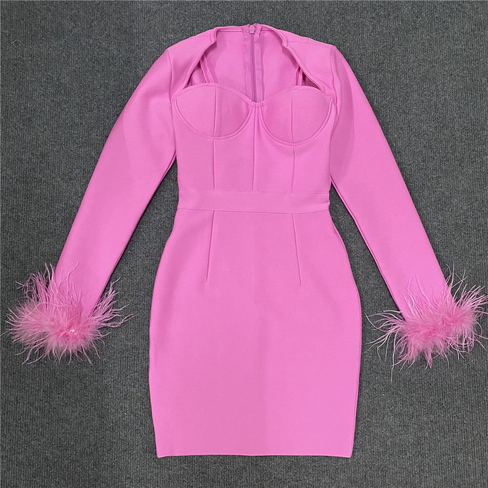 Women's Feather Trim Mini Dress - Square Neck Party Style