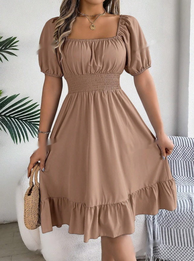 Effortless Spring Summer Casual Vacation Puff Sleeve Midi Dress with Ruffle Hem