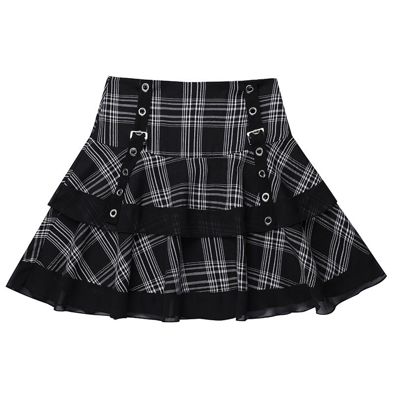 Chic Plaid Ruffle Mini Skirt with Eyelet Details for Edgy Fashion