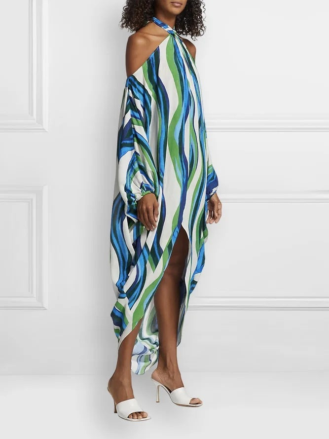 Vibrant Halter Neck Wavy Print Flowy Maxi Dress with Open Shoulder Sleeves