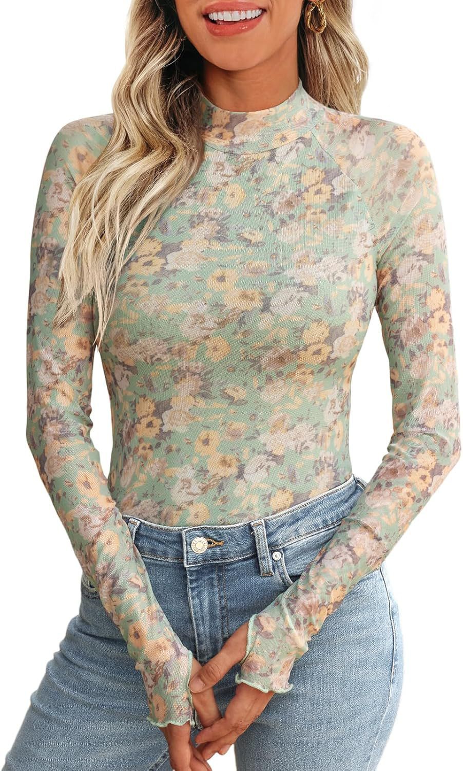 Elegant High Neck Floral Print Mesh Long Sleeve Pullover Top