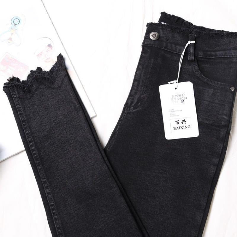 Chic High Waist Raw Edge Skinny Trousers Versatile Everyday Leggings