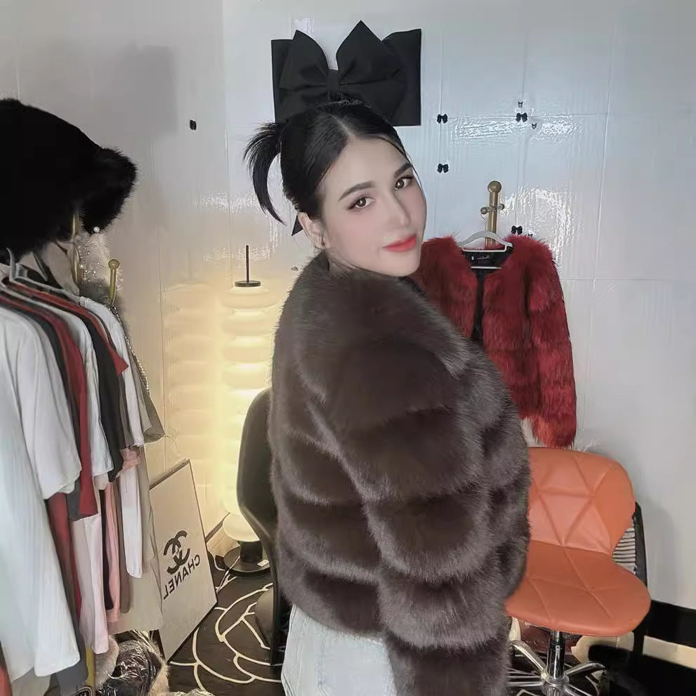 Chic Faux Fur Cropped Warm Jacket Elegant Winter Outerwear