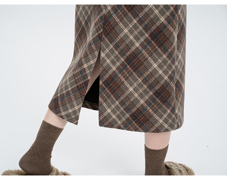 Chic High Waist Wool Blend Plaid A Line Midi Skirt for Women