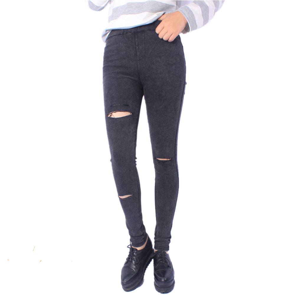 Comfortable Stretch Cotton Blend Ripped Knee Casual Leggings