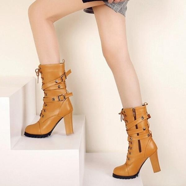 Edgy Rivet High Heel Ankle Boots - Women's Biker Style
