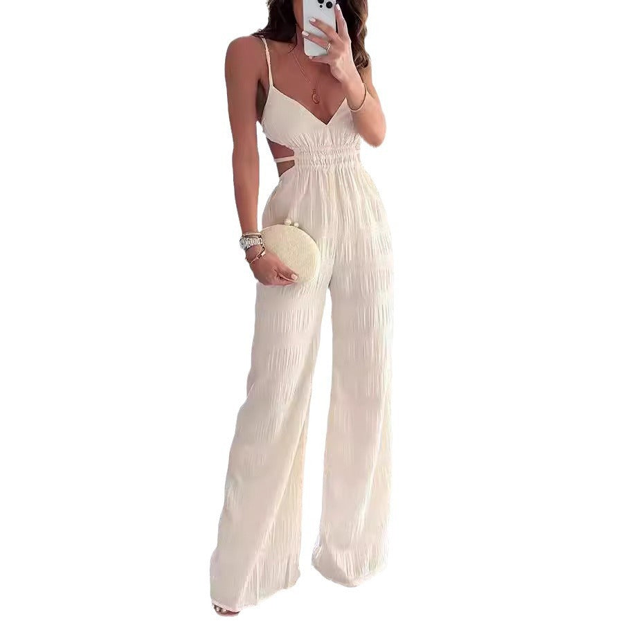 Elegant Backless Cutout Textured Wide Leg Jumpsuit for Women