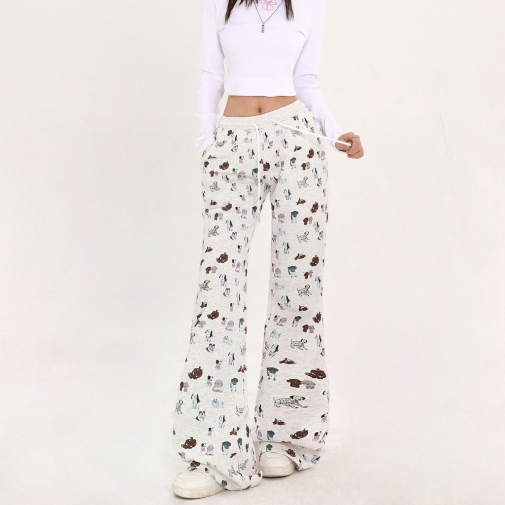 Cozy Elastic Waist Printed Cotton Sweatpants with Dog Print