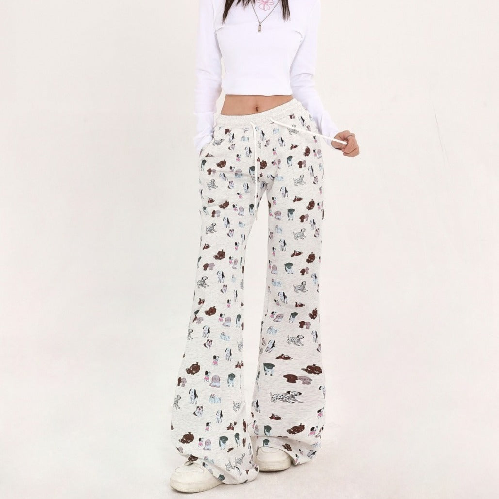 Cozy Elastic Waist Printed Cotton Sweatpants with Dog Print