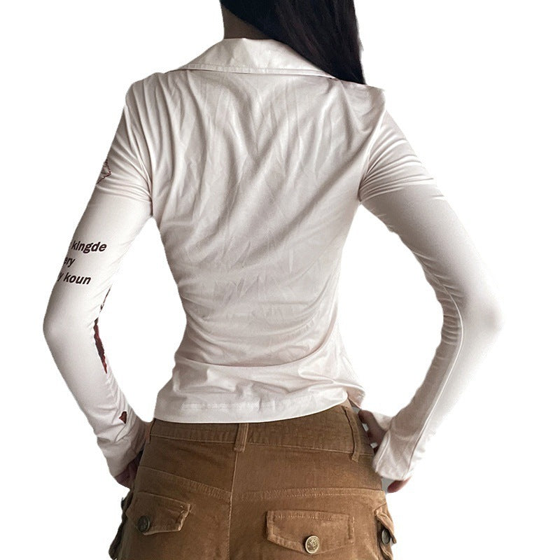 Street Hipster Graphic Print Long Sleeve Slim Fit Polo Collar Zipper Crop Top