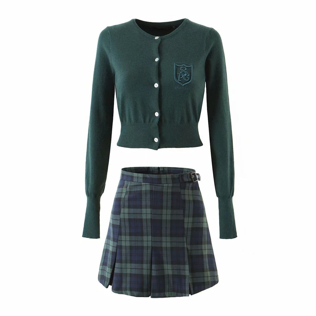 Classic Green Plaid Pleated Mini Skirt British College Style