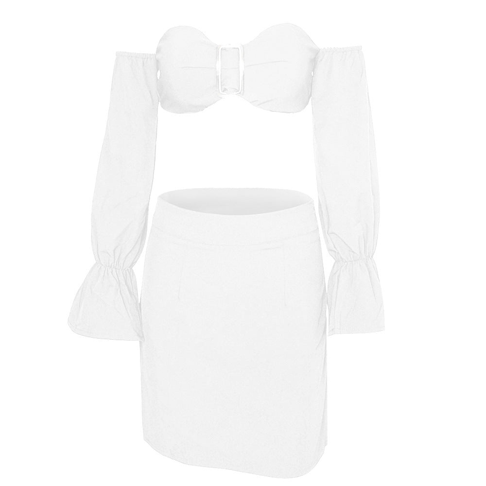 Chic Off Shoulder Long Sleeve Crop Top and Matching Mini Skirt Set
