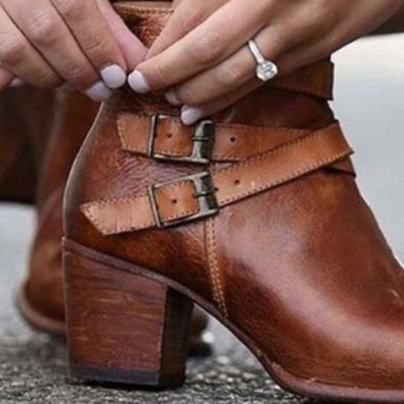 Chic Boho Buckle Block Heel Ankle Boots