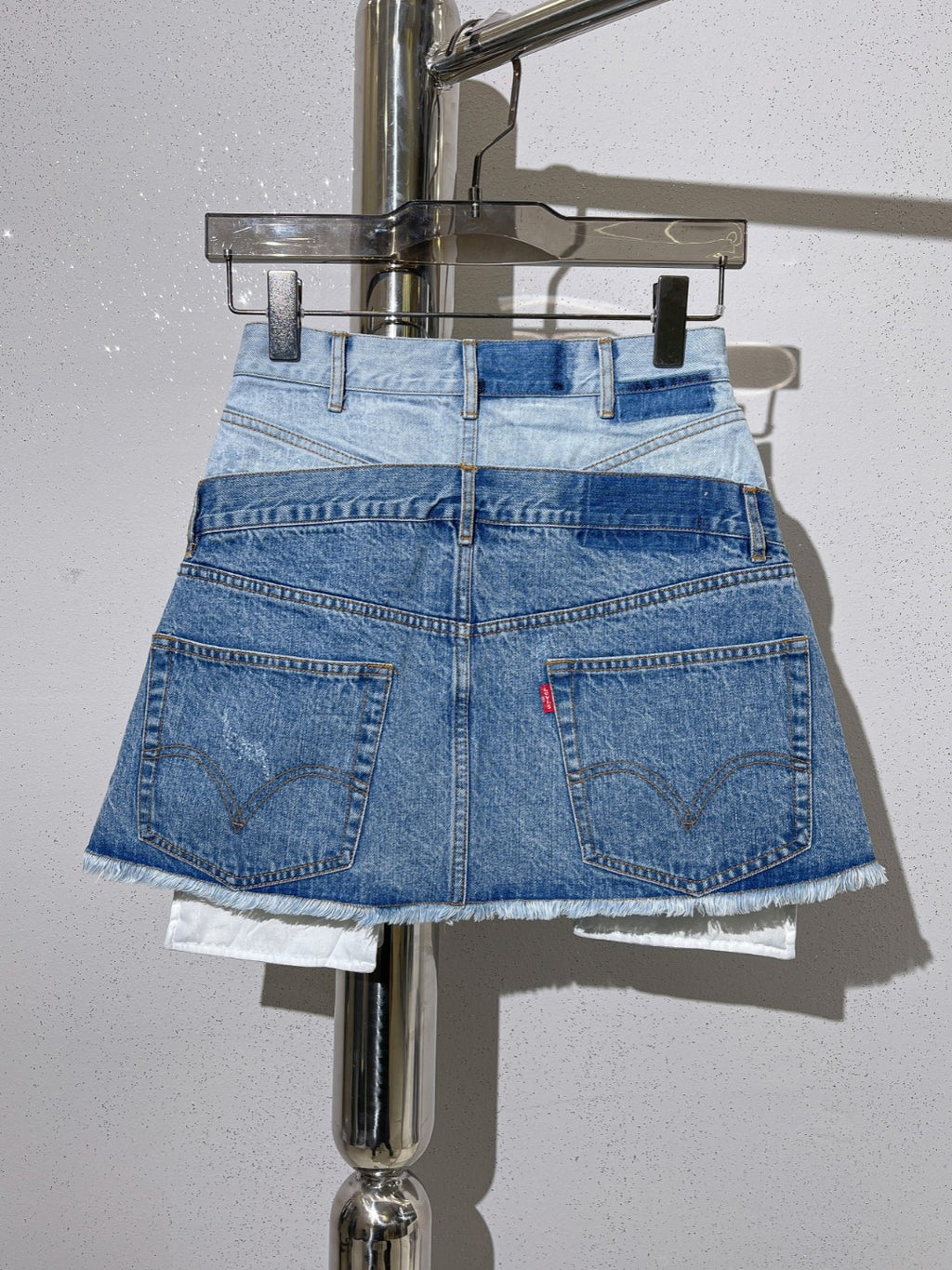 Fashionable Two Tone Denim Spliced Mini Skirt with Raw Hem