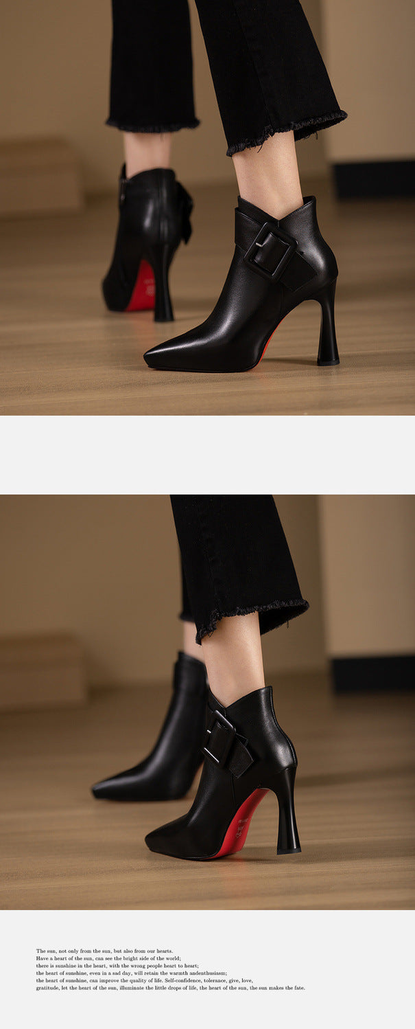 Women's Chic High Heel Ankle Boots with Belt Buckle Design