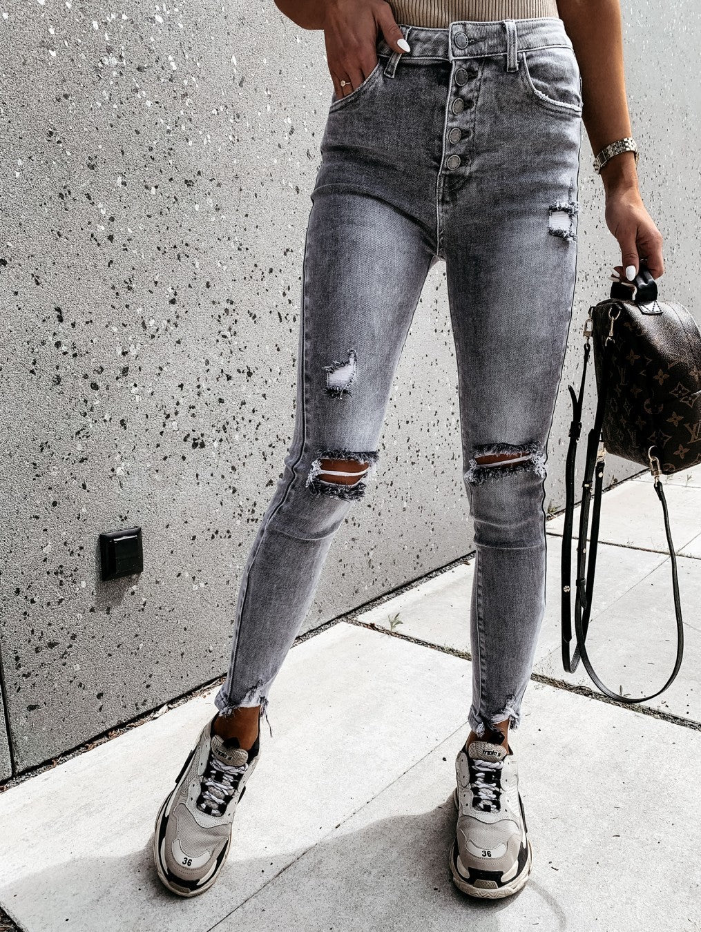 Trendy Gray Ripped Slim Jeans for Women - Distressed Mid-Rise Denim
