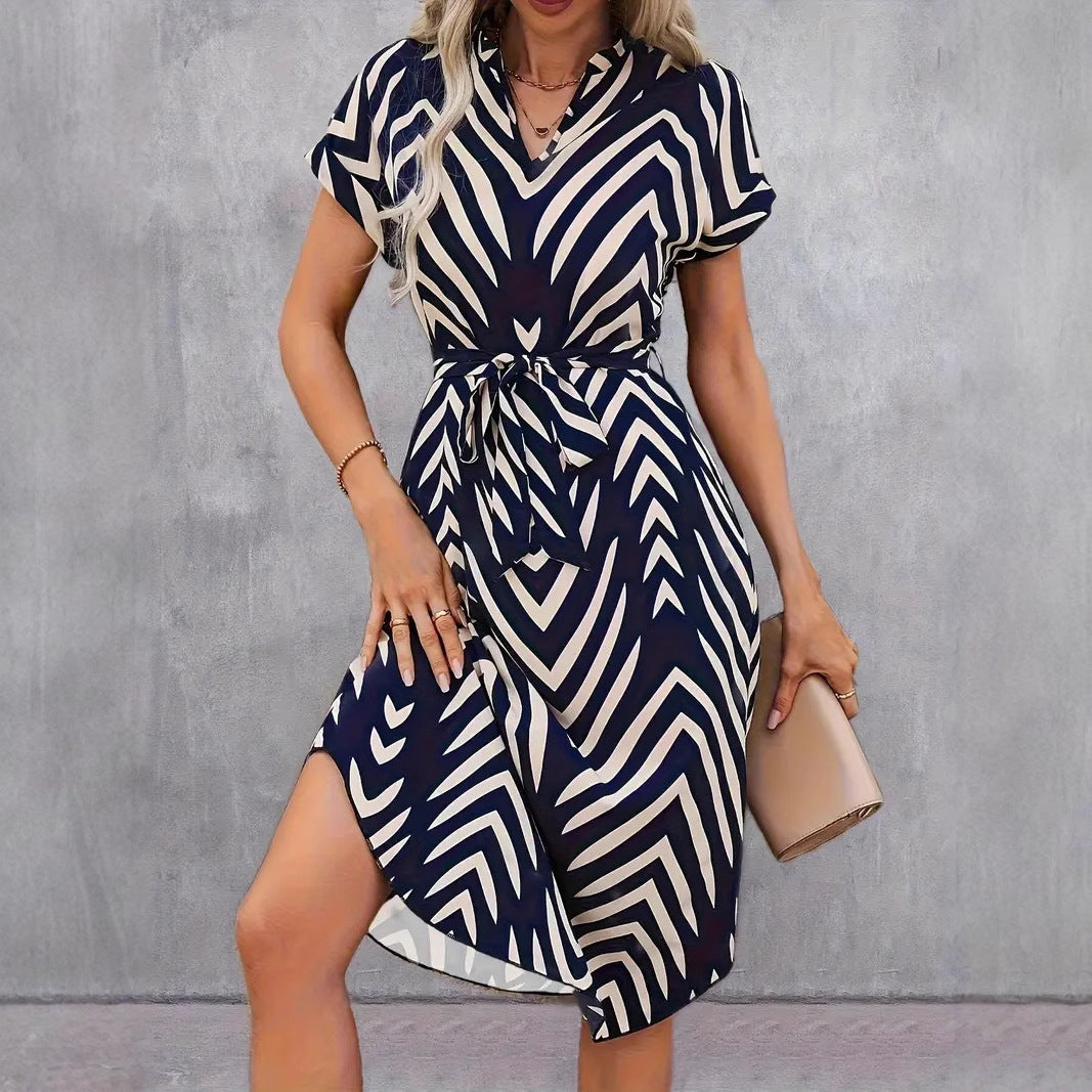 Chic Vacation Style Irregular Striped Tie Waist Midi Dress for Summer
