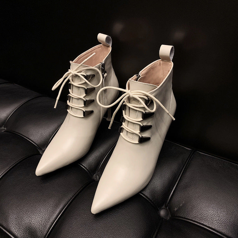 Women's Leather Pointed Ankle Boots - Chic Lace-Up Heel