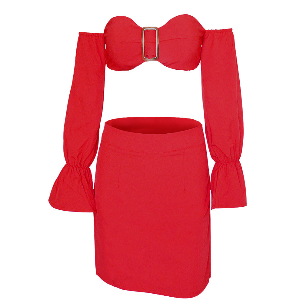 Chic Off Shoulder Long Sleeve Crop Top and Matching Mini Skirt Set