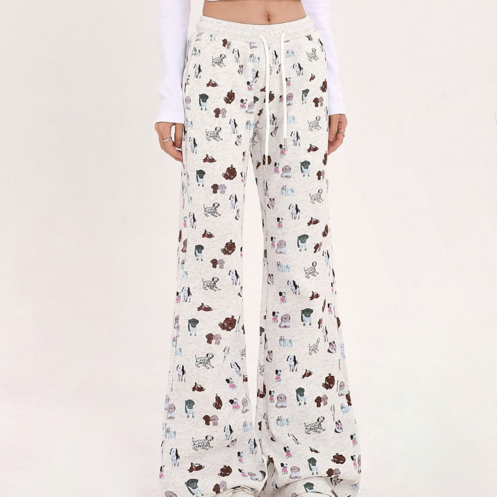 Cozy Elastic Waist Printed Cotton Sweatpants with Dog Print