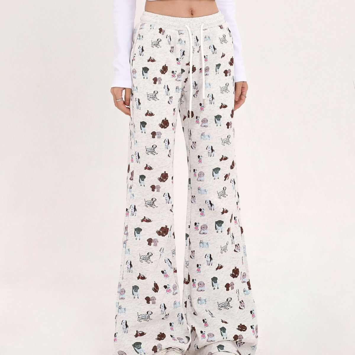 Cozy Elastic Waist Printed Cotton Sweatpants with Dog Print