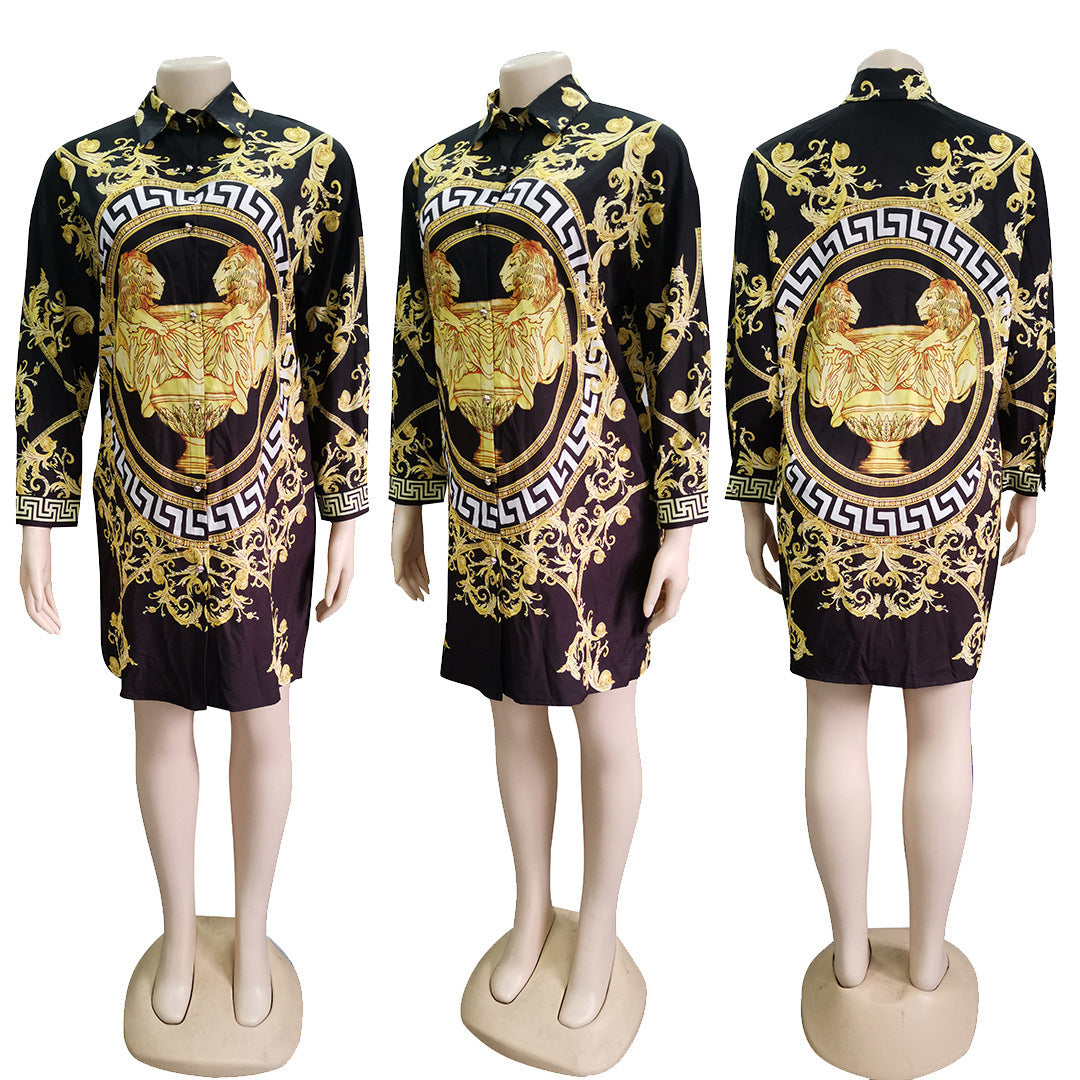 Women's Elegant Baroque Print Button-Up Shirt Dress