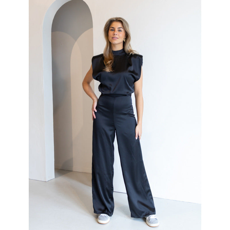 Elegant Satin Look Wide Leg Jumpsuit with Padded Shoulders and Chic Mock Neck Design