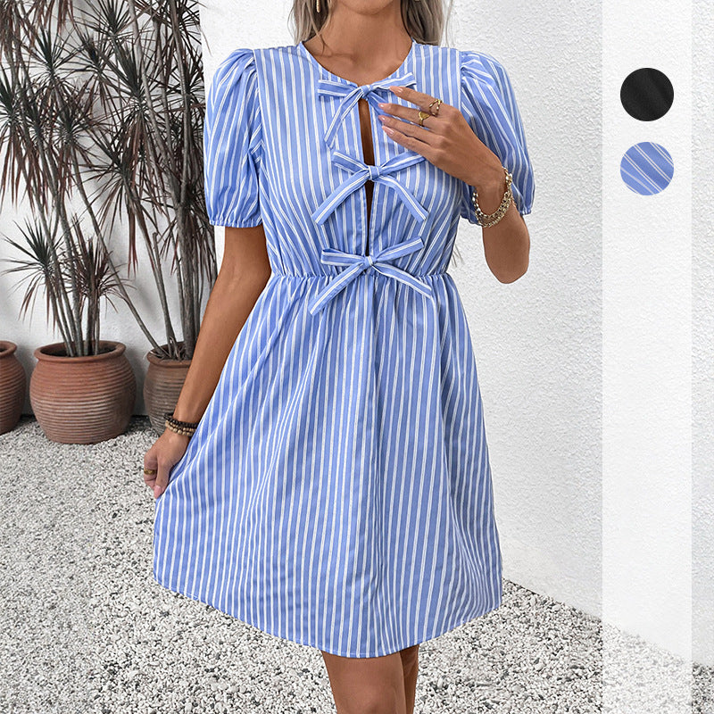 Retro Bow Cutout Puff Sleeve Mini Dress