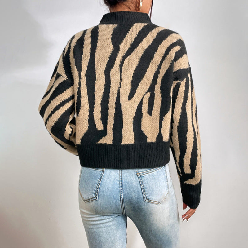 Stylish Jacquard Knit Animal Print Loose Fit Pullover Sweater