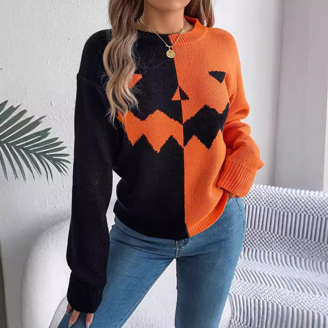 Spooky Chic Pumpkin Face Contrast Knit Long Sleeve Pullover Sweater