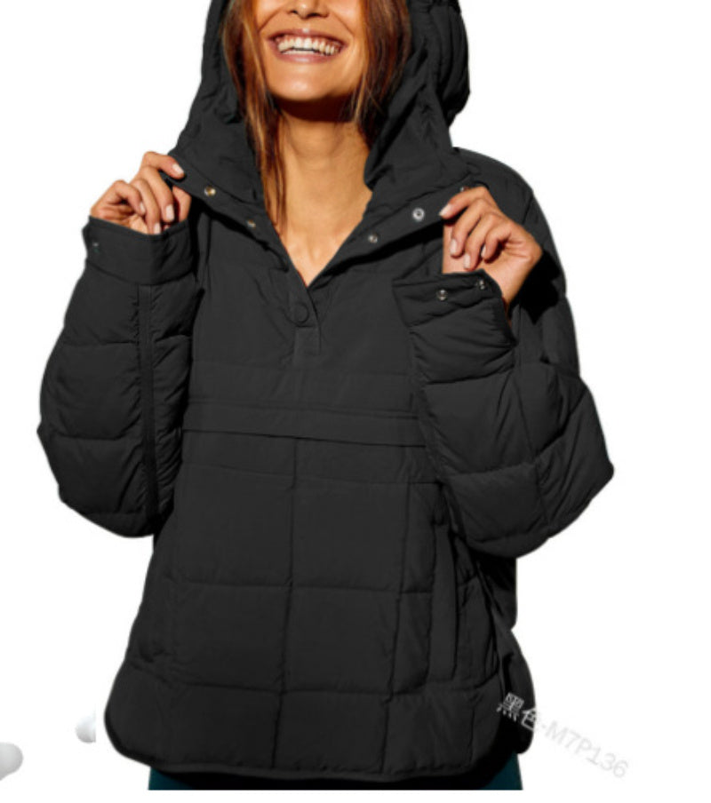 Relaxed Fit Quilted Hooded Long Sleeve Pullover Snap Button Top