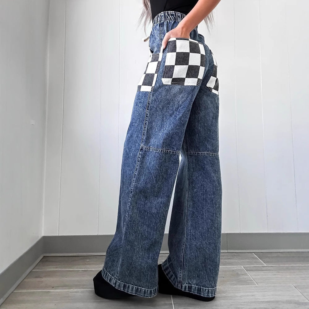 Trendy Baggy Jeans with Checkerboard Pockets